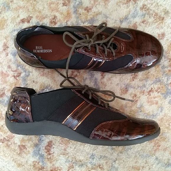 NWT Ros Hommerson Nancy Croc Patent Leather Bronze Shoe 8.5M Brown Black - Picture 1 of 16